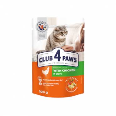 CLUB 4 PAWS Премиум "С курицей в соусе". Полнорационный консервированный корм для взрослых кошек