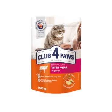 CLUB 4 PAWS Премиум "С телятиной в соусе". Полнорационный консервированный корм для взрослых кошек
